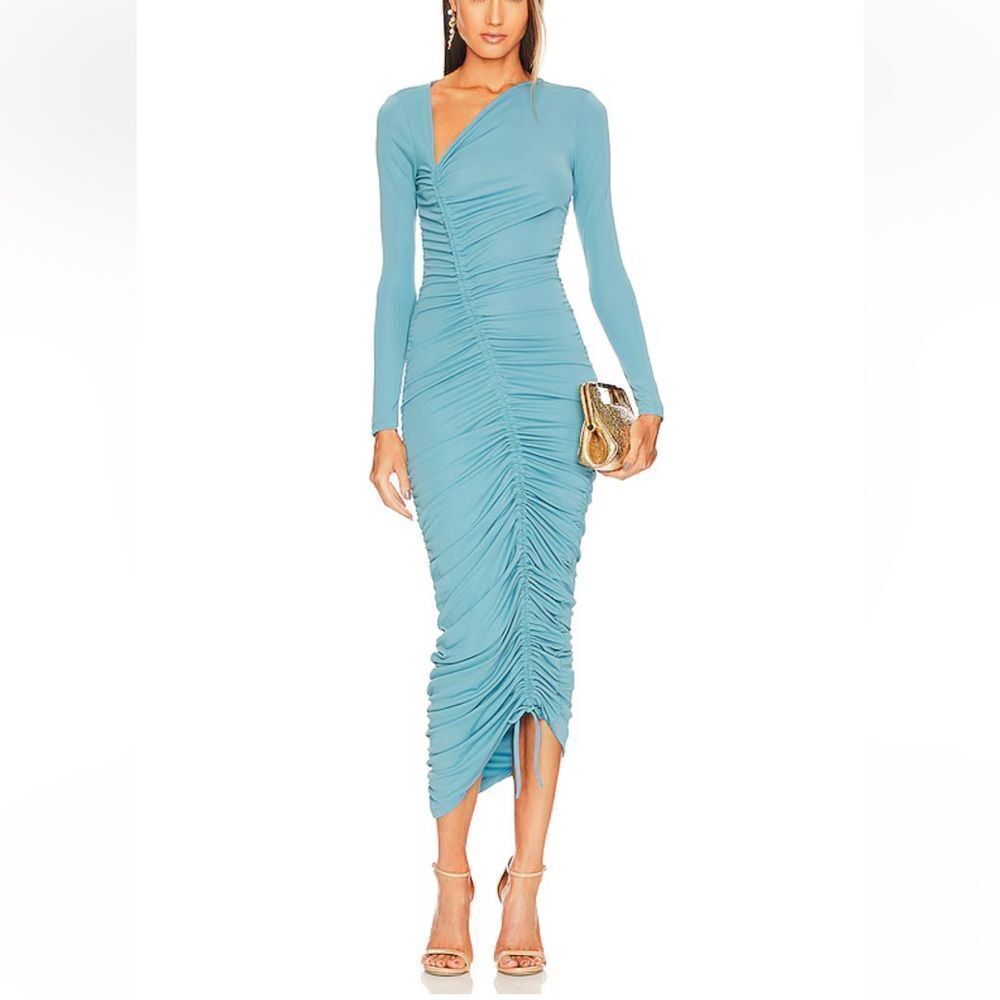 NWT Michael Costello x REVOLVE Kylee Midi Dress in Dusty Blue ruched midi XS